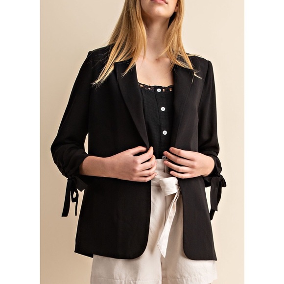 Black Bow Cinch Sleeve Open Front Blazer Jacket NWT - Picture 4 of 7
